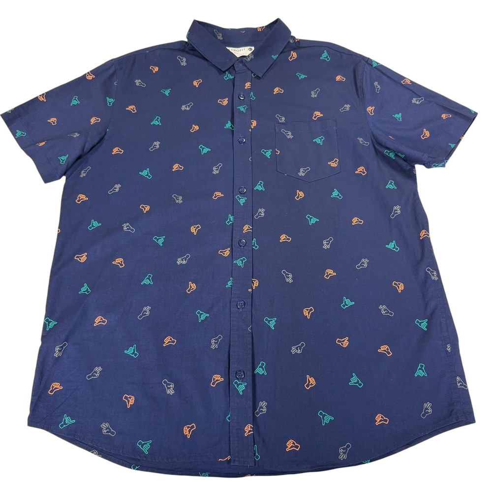 Retrofit Button Down Shirt Mens XL Navy Blue Excellent Hand Gesture Print WYR8